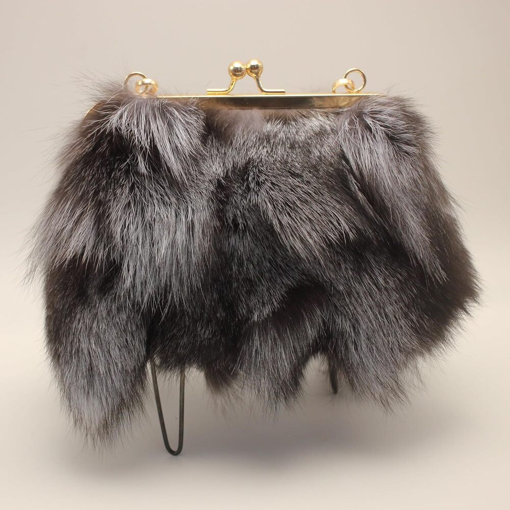 Natural Silver Fox Fur Purse – Dual Strap Shoulder Bag for Women - Picture 3 of 6